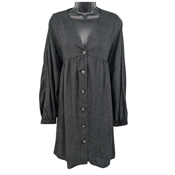 Zara Babydoll Mini Dress Women Size L Button Up Balloon Sleeve Goth Office Y2K - Picture 1 of 11